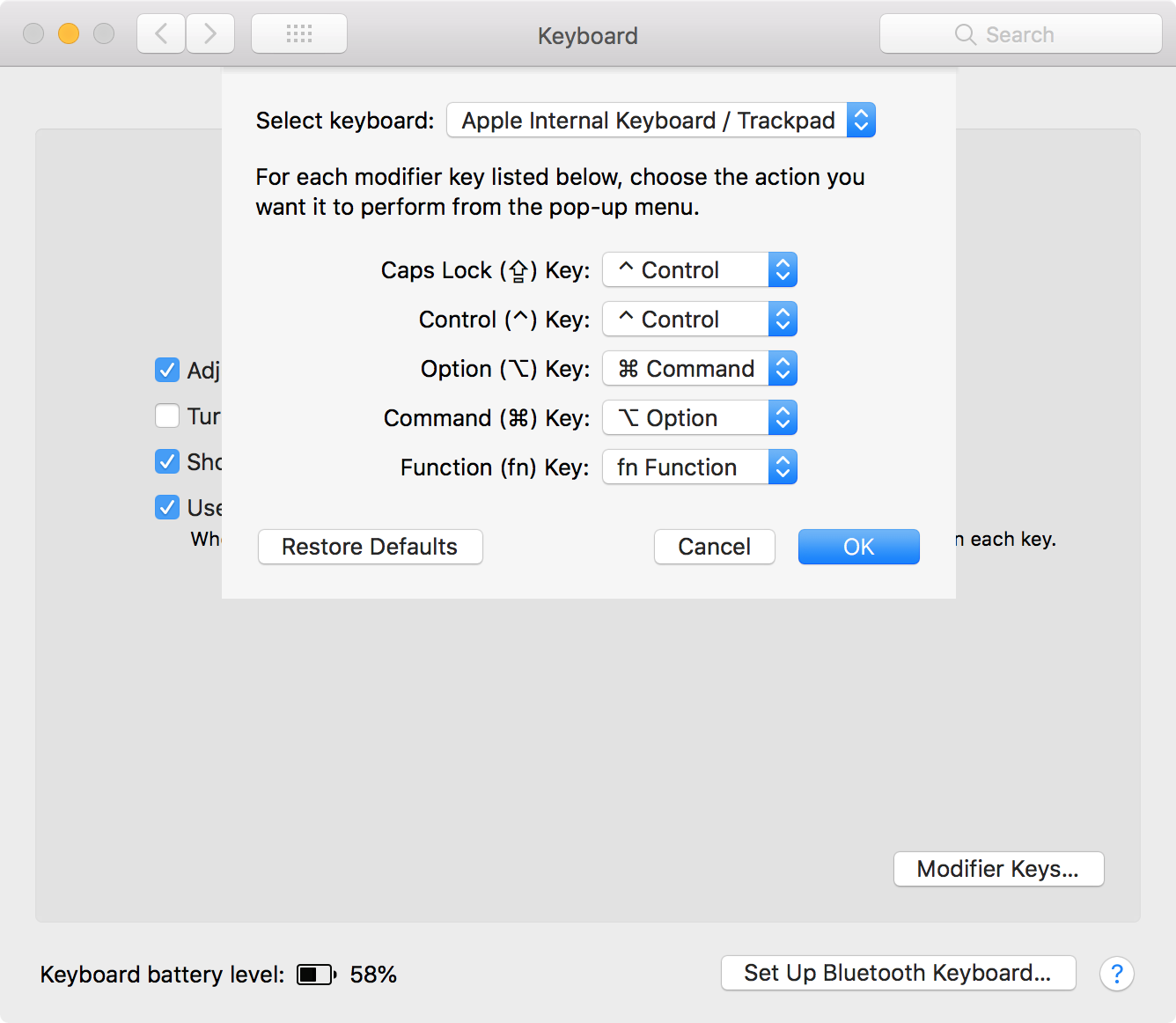 System Preferences keyboard modifiers